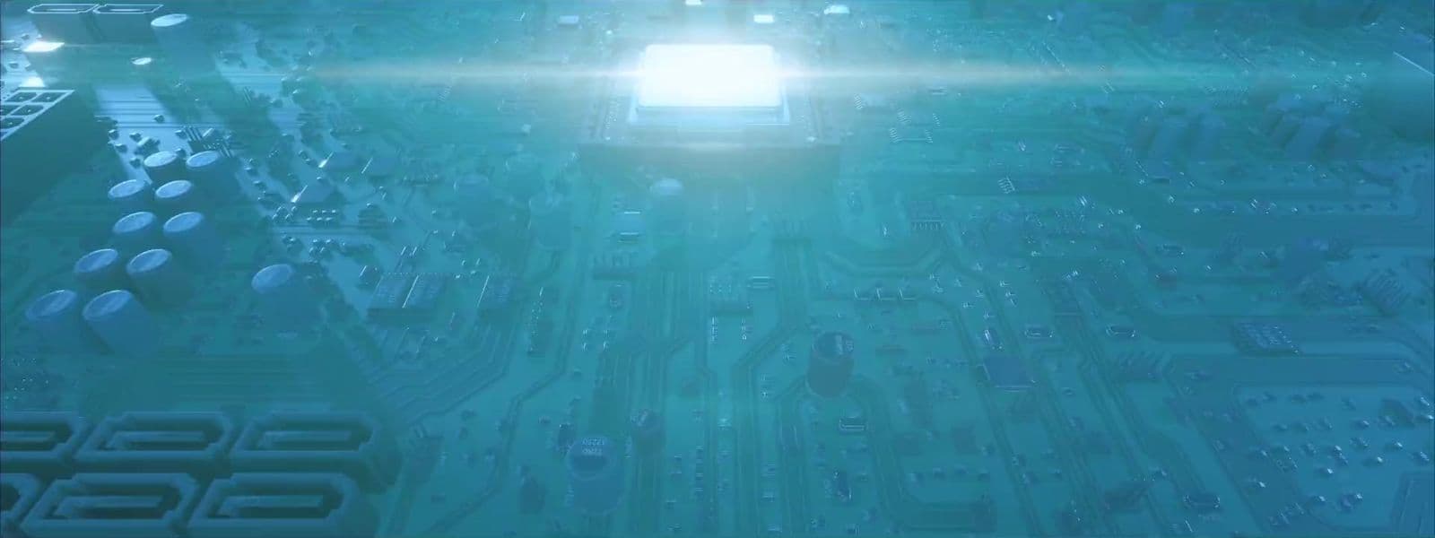 a computer circuit board with a bright light coming out of it