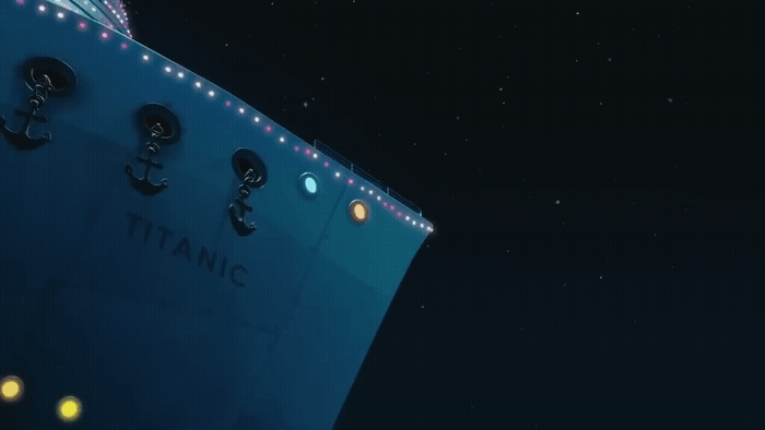a large blue boat with lights on it's side