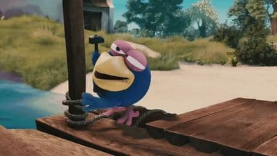 a blue bird standing on top of a wooden dock