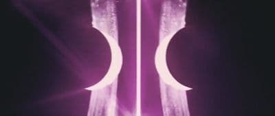 a purple and white picture of a tall tower