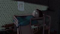 a child's bed with a stuffed animal on top of it