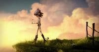 a cartoon character is walking across a field