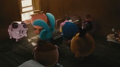 a group of cartoon characters standing in a room
