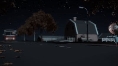 a cartoon character standing on the side of a road at night