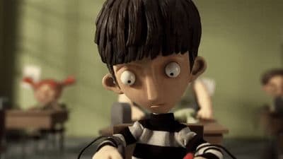 a cartoon boy with a tennis racket in a classroom