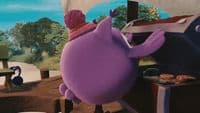a cartoon character is opening a box of donuts