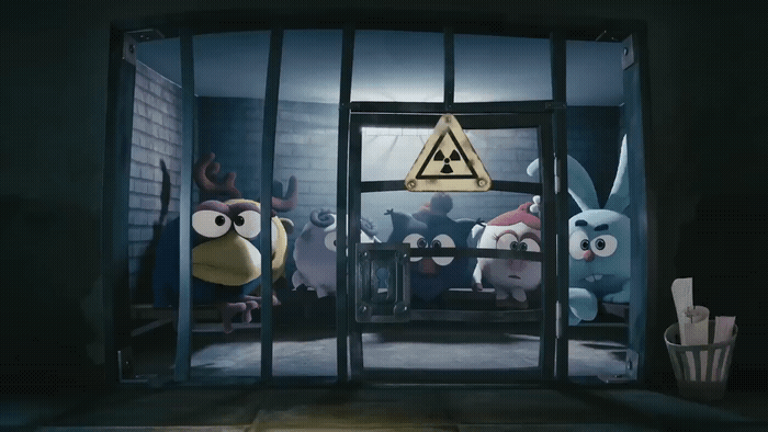 a group of cartoon characters standing in a jail cell