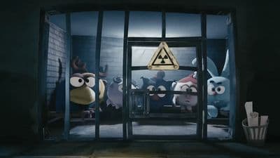 a group of cartoon characters standing in a jail cell