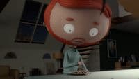a cartoon character standing in a living room with a plate of food