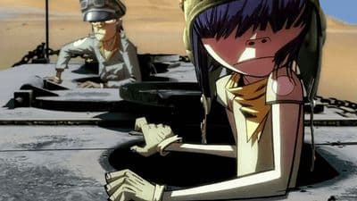 two anime characters sitting on a table in the desert