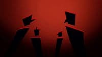 a red background with black silhouettes of people
