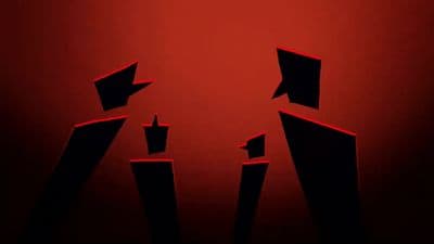 a red background with black silhouettes of people