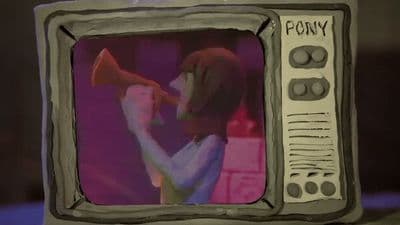 a picture of a woman holding a megaphone in front of a tv