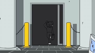 a cartoon picture of a man standing in front of a door