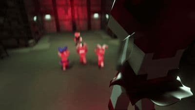 a group of people standing in a room with red lights