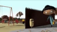 a cartoon character standing in front of a playground