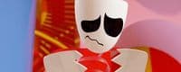 a cartoon character with a red shirt and a white mask