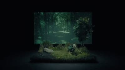 a person in a dark forest with a camera