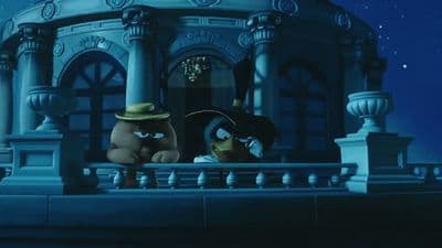 a couple of cartoon characters standing in front of a building