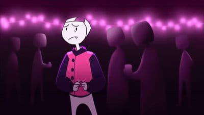 a cartoon character standing in front of a group of people
