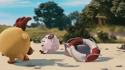 a group of cartoon animals standing on top of a sandy beach
