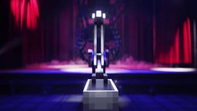 a stage with red curtains and a black and white podium