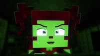 a green and red minecraft creeper in a dark room