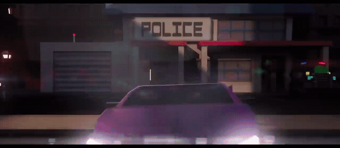 a blurry picture of a police car in front of a building