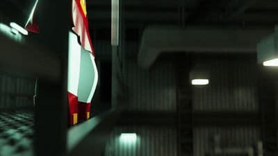 a hallway with a flag hanging from the ceiling