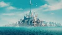 a futuristic city is floating in the middle of the ocean