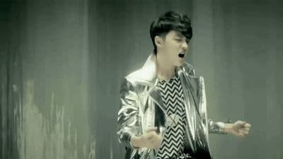 a male in a silver jacket and a black and white shirt