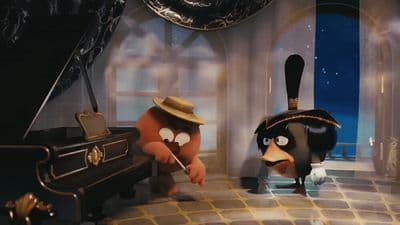 a couple of cartoon birds standing next to a piano