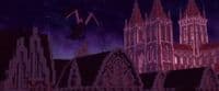 a computer generated image of a cathedral at night
