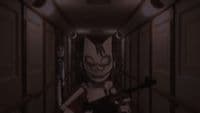 a cartoon character holding a gun in a hallway