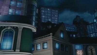 a night scene of a city with buildings and a clock tower