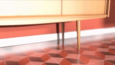 a wooden table sitting on top of a checkered floor