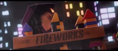 a fire works sign in front of a cityscape