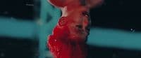 a man in a red shirt is hanging upside down