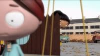 a cartoon character standing in front of a building