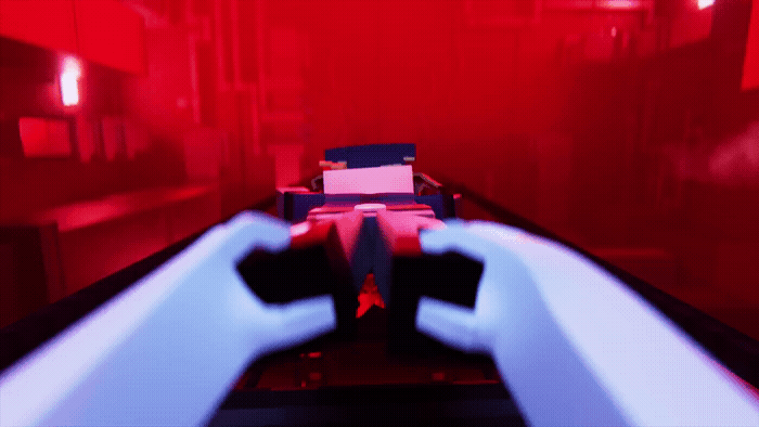 a red room with a white and black object in it