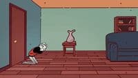 a cartoon character kneeling down in a room