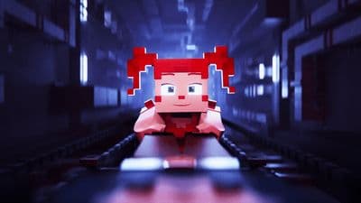 a red haired woman in a hallway in a building