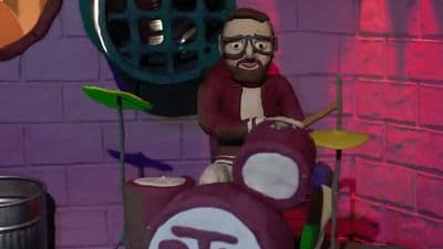a cartoon of a man playing drums in a room
