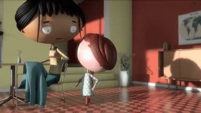a cartoon character holding a balloon in a room