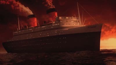 a cruise ship in the ocean with smoke billowing out of it