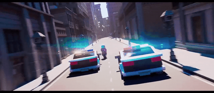 a screenshot of a city street with cars and people