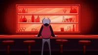 a cartoon character standing in front of a bar
