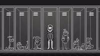 a drawing of a man standing in front of a row of urinals