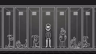 a drawing of a man standing in front of a row of urinals