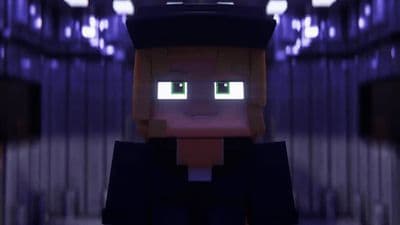 a minecraft character with glowing green eyes